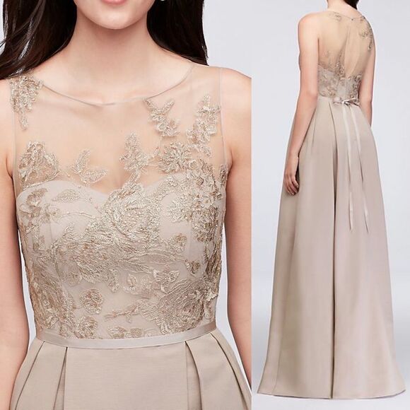 OLEG CASSINI beige biscotti illusion lace formal dress bridesmaid wedding gown 4 - Picture 1 of 16